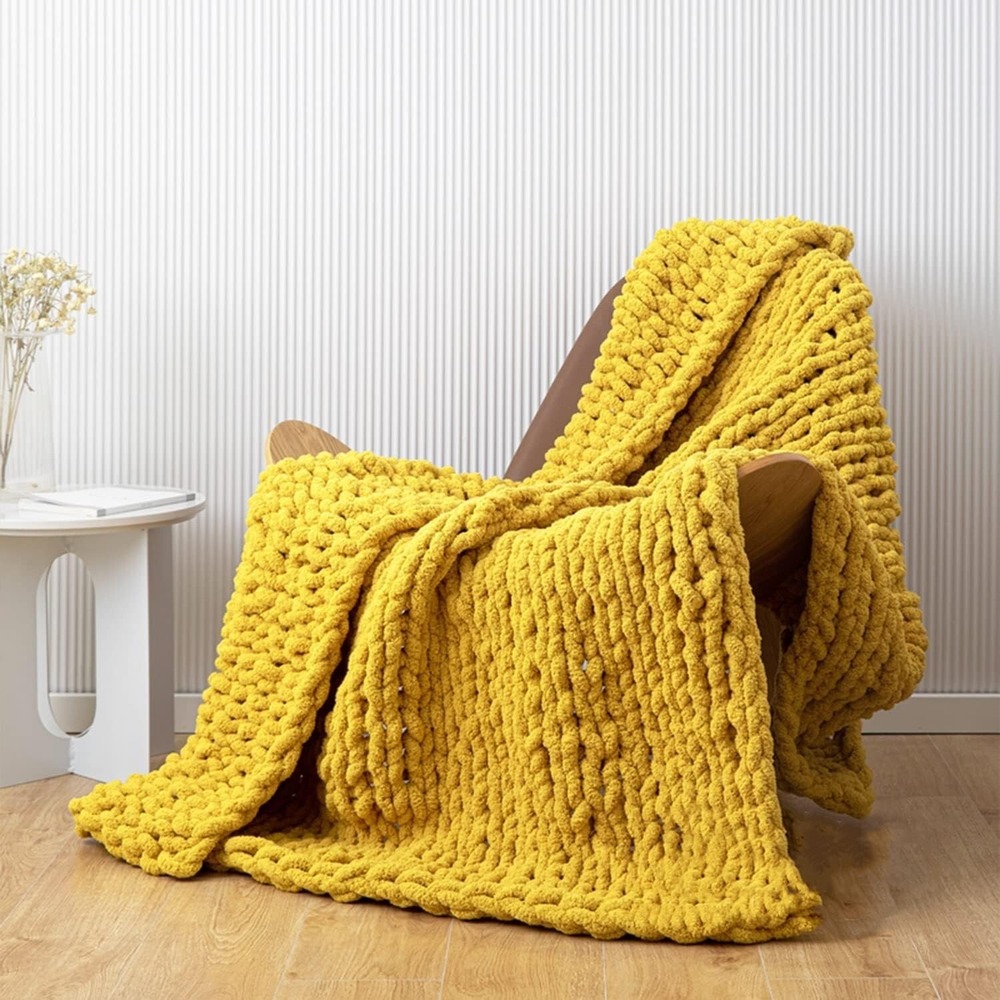Chunky Knit Blanket - Yellow Throw Blanket - Soft Chenille Throw 50" x 60"